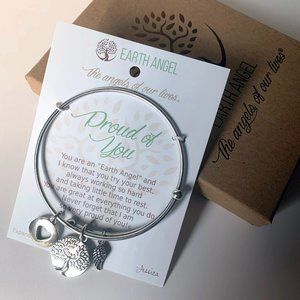 Earth Angel Proud of You Charm Expandable Bangle Bracelet Silvertone with Box
